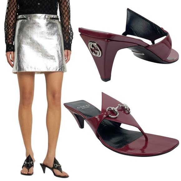 Gucci Shoes - Gucci Mariame Horsebit Leather Thong Sandals Kitten Heel Red Size 36.5